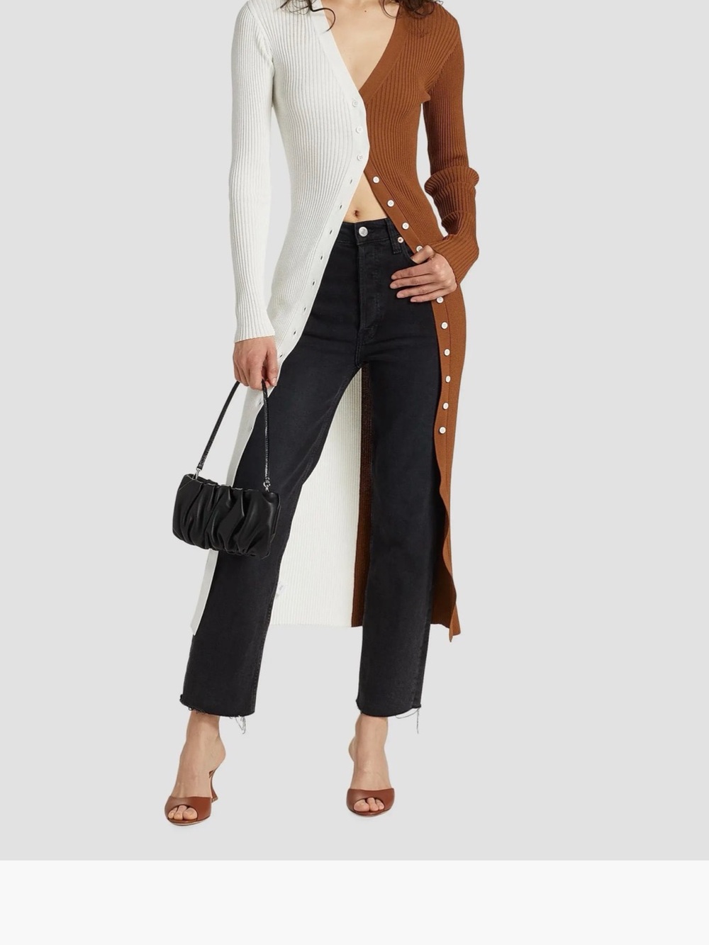 STAUD Two-Tone Ribbed Button-Front Long Cardigan Dress in White & Brown